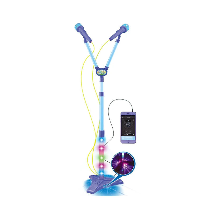 High quality B/O cool double microphone musical kids learning sing toys suit with light