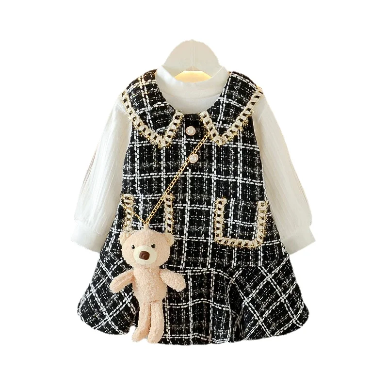 XINGKONG Autumn Winter Girls Kids Baby Dress 2pcs Cute Long Sleeve Solid Shirt Gray Black Vest Dress Sweet Plush Bear Set