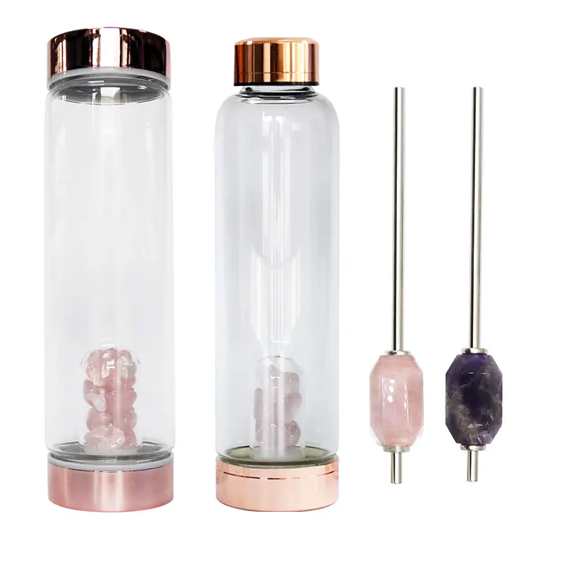 Custom Logo Elixir Gemstone Baby Bottle Glass Rose Quartz Water Bottle With Crystal Inside