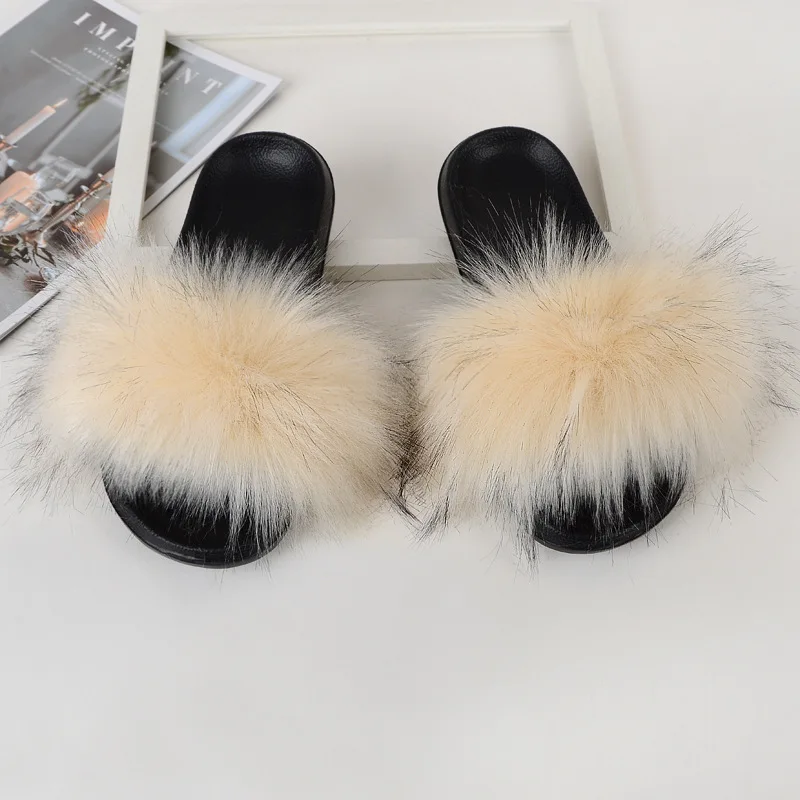 2022 fur slippers female imitation fox fur women imitation raccoon fur beach shoes one-word slippers