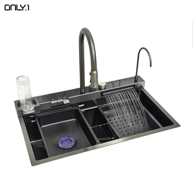 Modern Black Flying Rain Waterfall Smart Kitchen Sink Luxury Organizer Rack Sink Dish Storage Rack Stainless Steel Silver MULLER