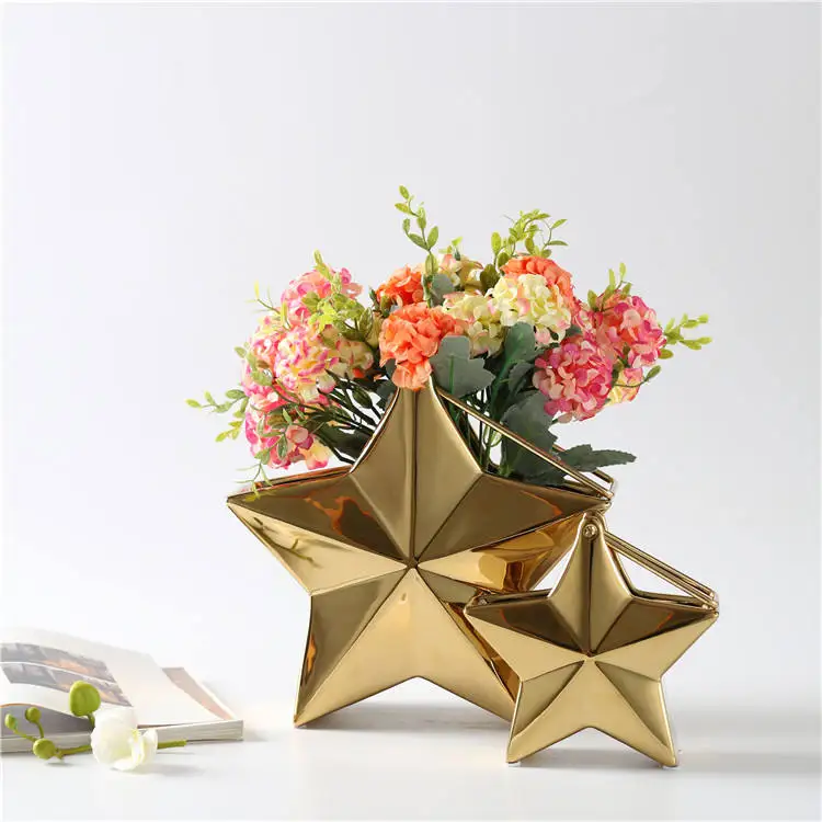 Luxury Wedding Christmas Ramadan Festival Eid Decor Gold Star Shape Flower Vase With Gold Metal Hanging Rope