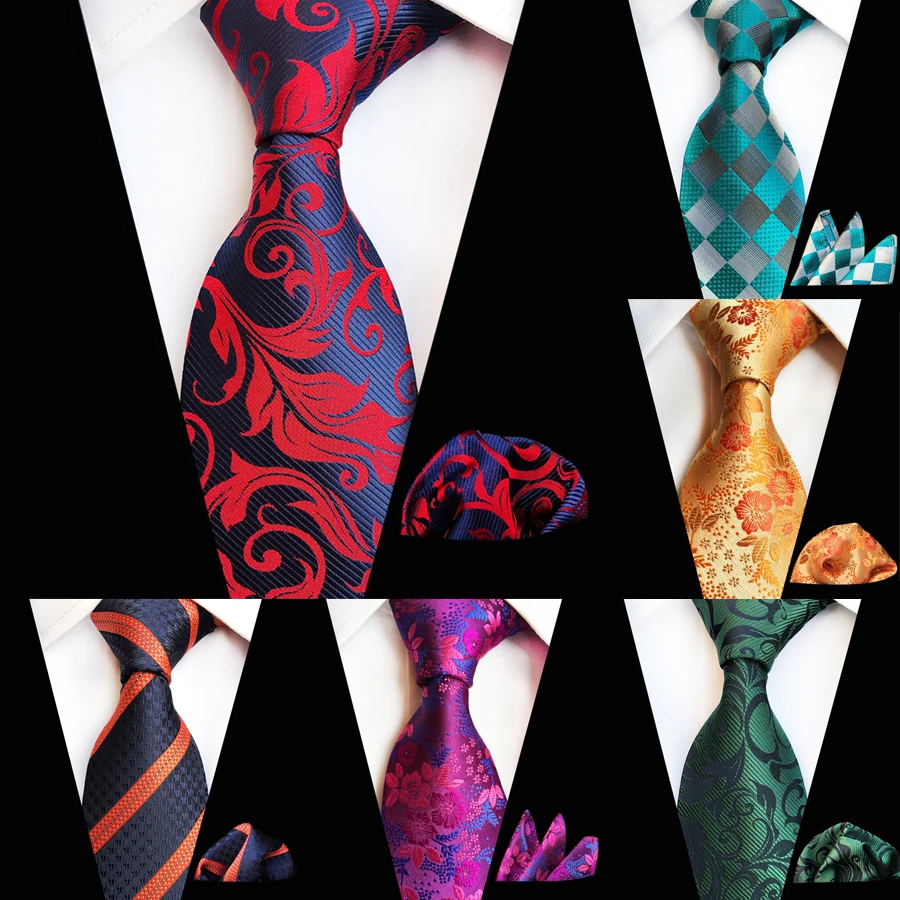 Classic 8cm Ties Pocket Square Set Men Silk Tie Luxury Striped Plaid Checks Business Neck Tie for Men Suit Cravat Wedding Party