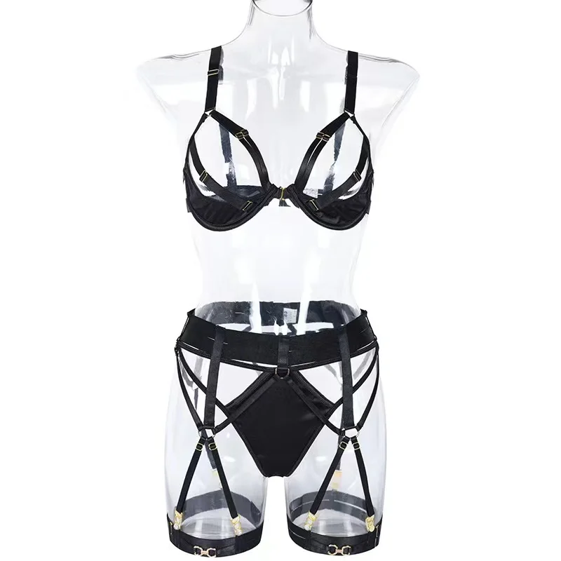 Women  Lingerie Sexy Fancy Underwear Hollow Out Kissy Bra 3-Pieces Garter Belt With Stockings Fetish Fantasy Intimate Set
