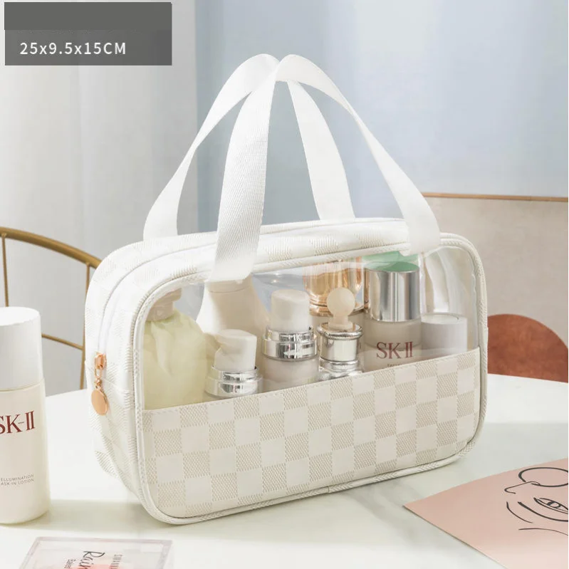 Custom Travel Square PU Cosmetic Bag Clear PVC Storage Wash Organizer Toiletry Bag  Makeup Bag With Handle