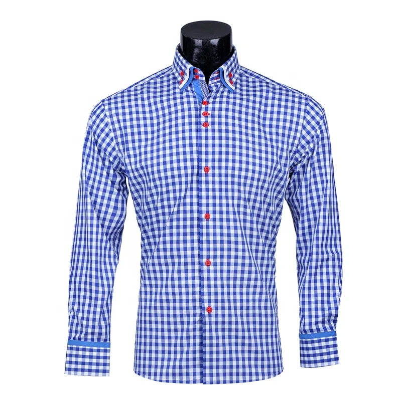 2020 China factory Italian style double collar cotton check men long sleeve shirt