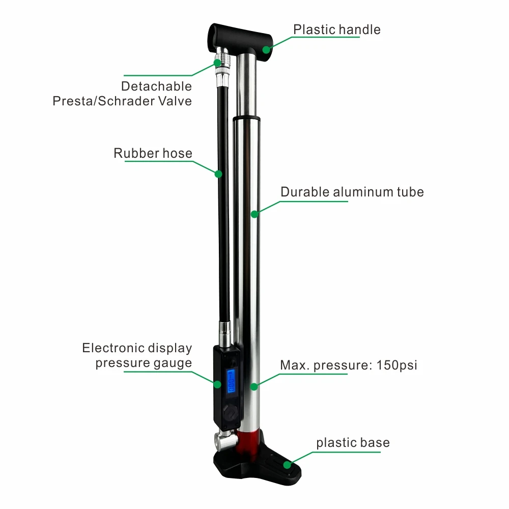 CNC Machined Aluminum Alloy Bike Tire Air Pump 150PSI Mini Floor Pump with Electronic Pressure Gauge