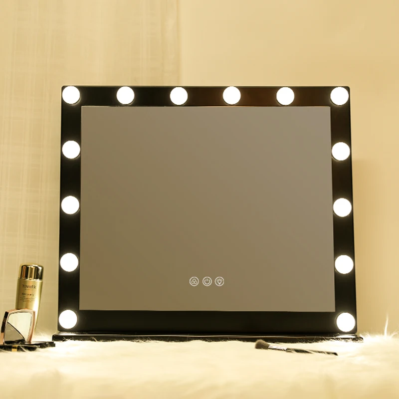 Hot Sale Touchscreen 14 Pcs Led Lights Cosmetic Makeup Black Large Table Vanity Mirror With Light Bulbs