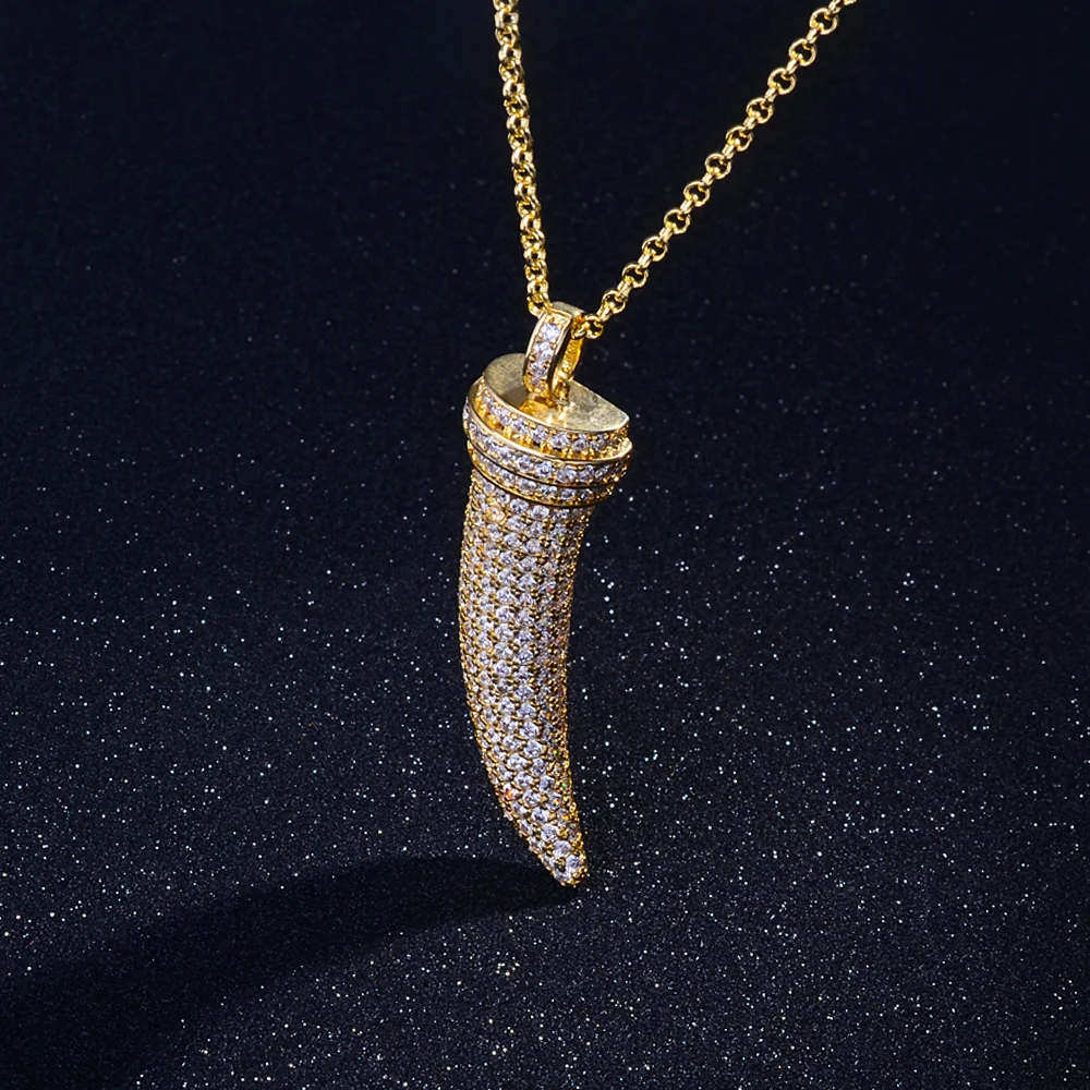 New Product Launch Wolf Tooth Gold Plated Cubic Zirconia Buffalo Horn Pendant Silver Elephant Tooth Pendant Necklace