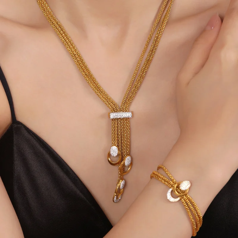 Stainless Steel 3-layer Riding Crop Chain Belt Buckle Diamond Necklace Plated 18k Gold  Diamond Double Ring Pendant Bracelet