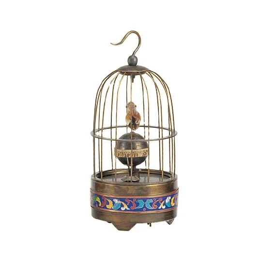 Large Vintage Interesting Wind Up Brass Cloisonne Floral Base Birdcage Bird Mechanical Table Clock for Collection, decoration