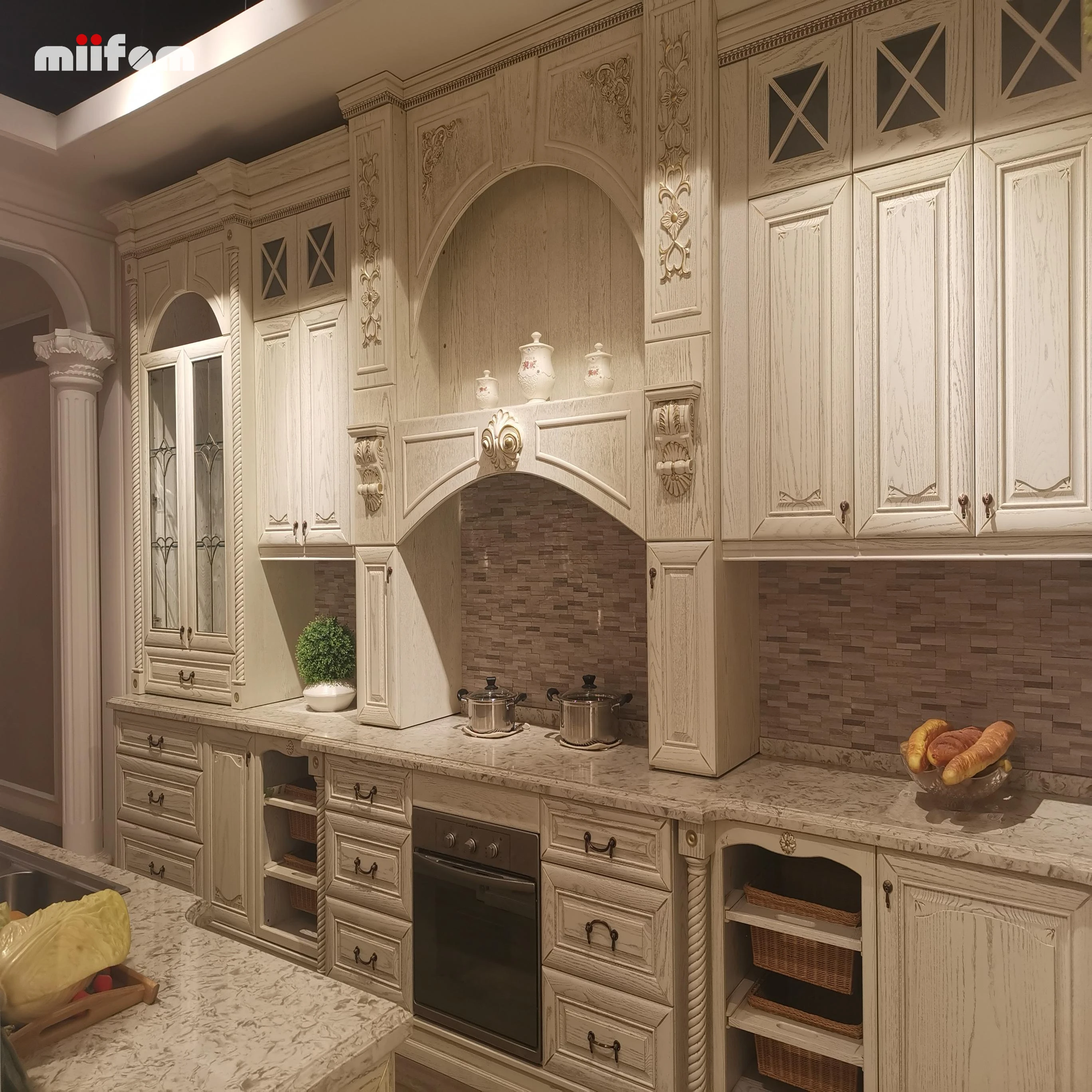 Victorian style European antique white wood grain lacquer kitchen cabinets