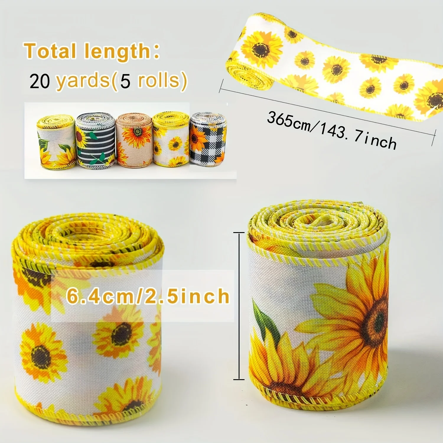 5 rolls 2.5-inch classic sunflower ribbon Idyllic style wired fabric, seasons Universal of versatile holiday streamer
