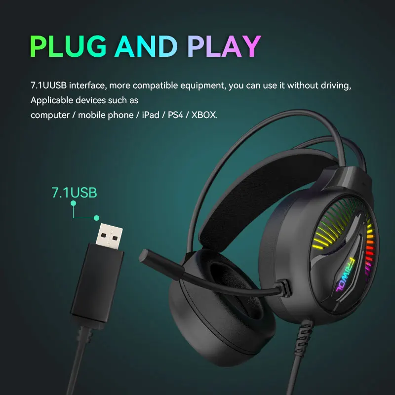 Customized gaming headset high quality over-ear Headphones wired USB LED light earphone gamer headset with microphone for pc