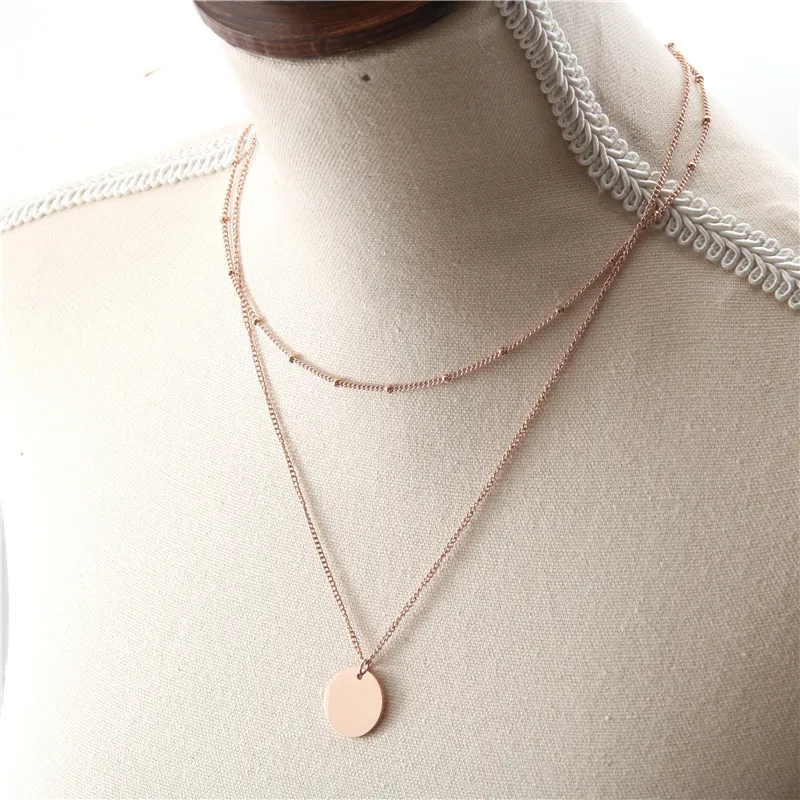 Sland Female Gold Plated Round Pendant Long Layered Double Chain Necklace