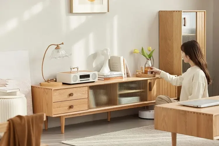 Atunus Natural Oak Wood Half-moon Handles TV Table Living Room Entertainment Center move Door Cabinets Modern TV Stands