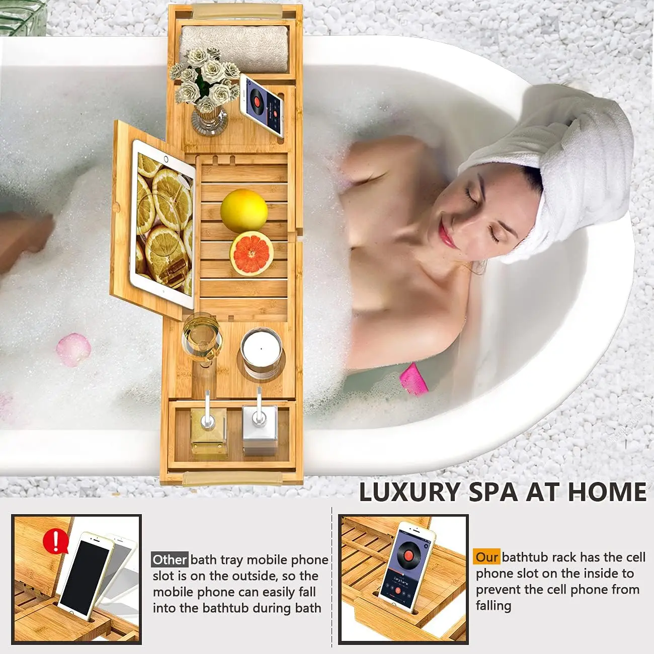 Foldable Soaking Tray Bamboo Bathtub Caddy for home Bathtub Tray With Extending Side