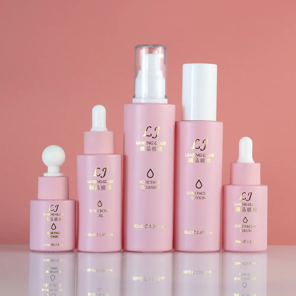 high quality make up set cosmetics 55g 40ml 100ml 120ml pink cosmetic lotion glass bottle packaging set