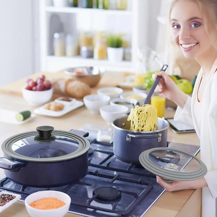 Customizable 20/22/24cm Tempered Glass Food Safe Silicone Pan Cover Silicone Rim Universal Glass Pot Cover Cooking Lid