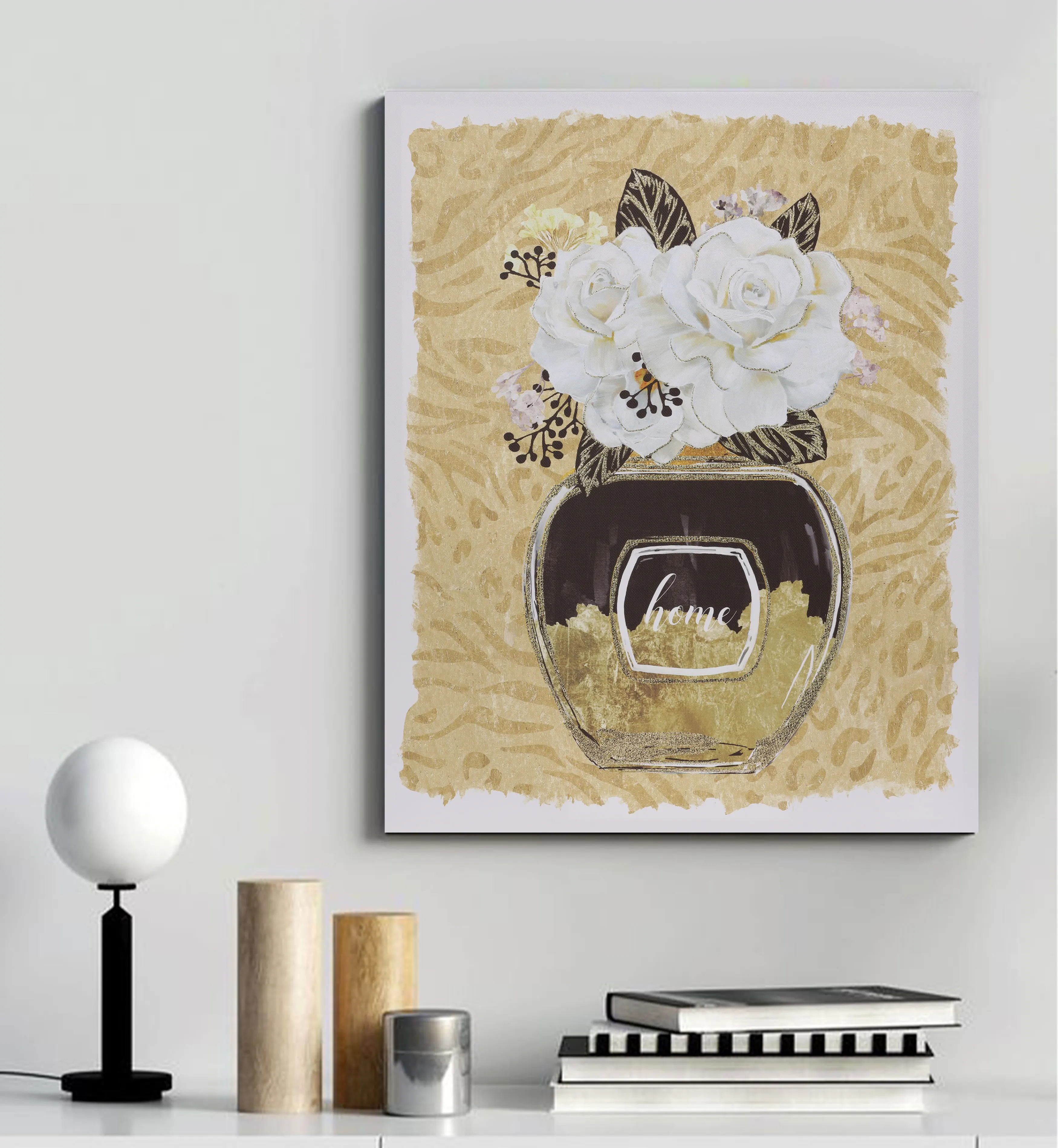 Custom Home Wall Hanging Decor Gold foils Still life Painting White Rose Flower Vase Canvas Art Printing