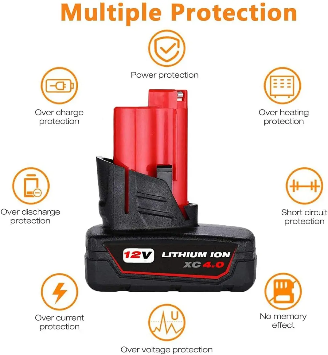 4.0Ah 12V Lithium Replacement for Milwaukee 12V Battery 48-11-2411 48-11-2420