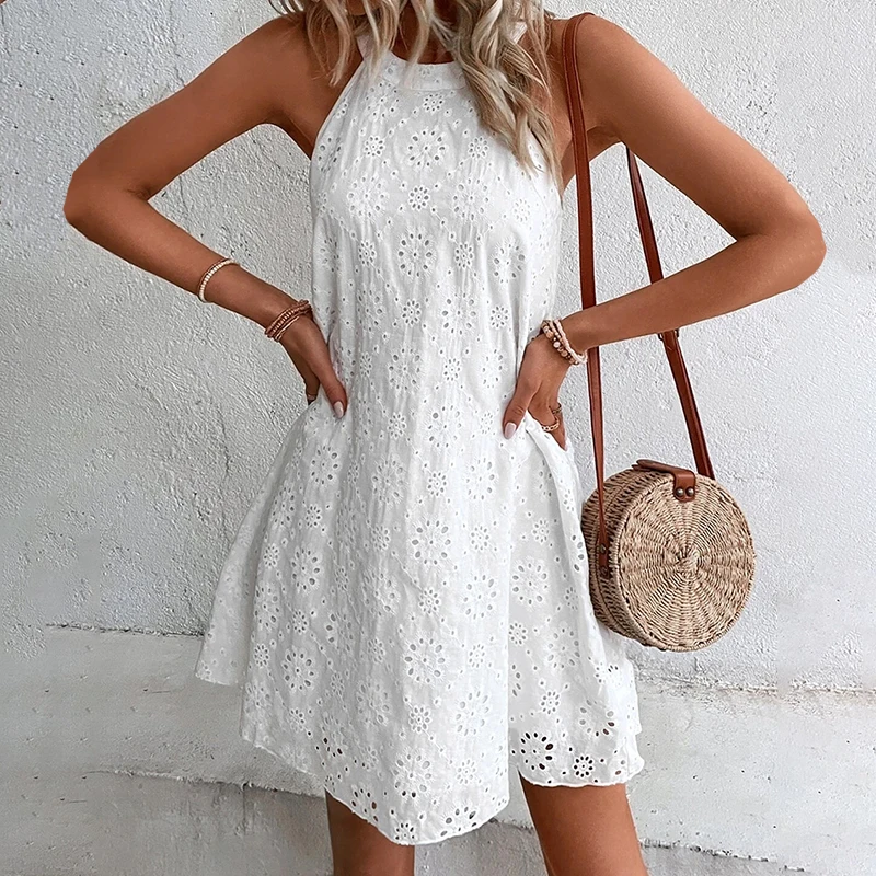 Dear-Lover Wholesale Fast Shipping Halter Neck Dress Boho Bohemian Eyelet Pattern Sleeveless Dress For Women