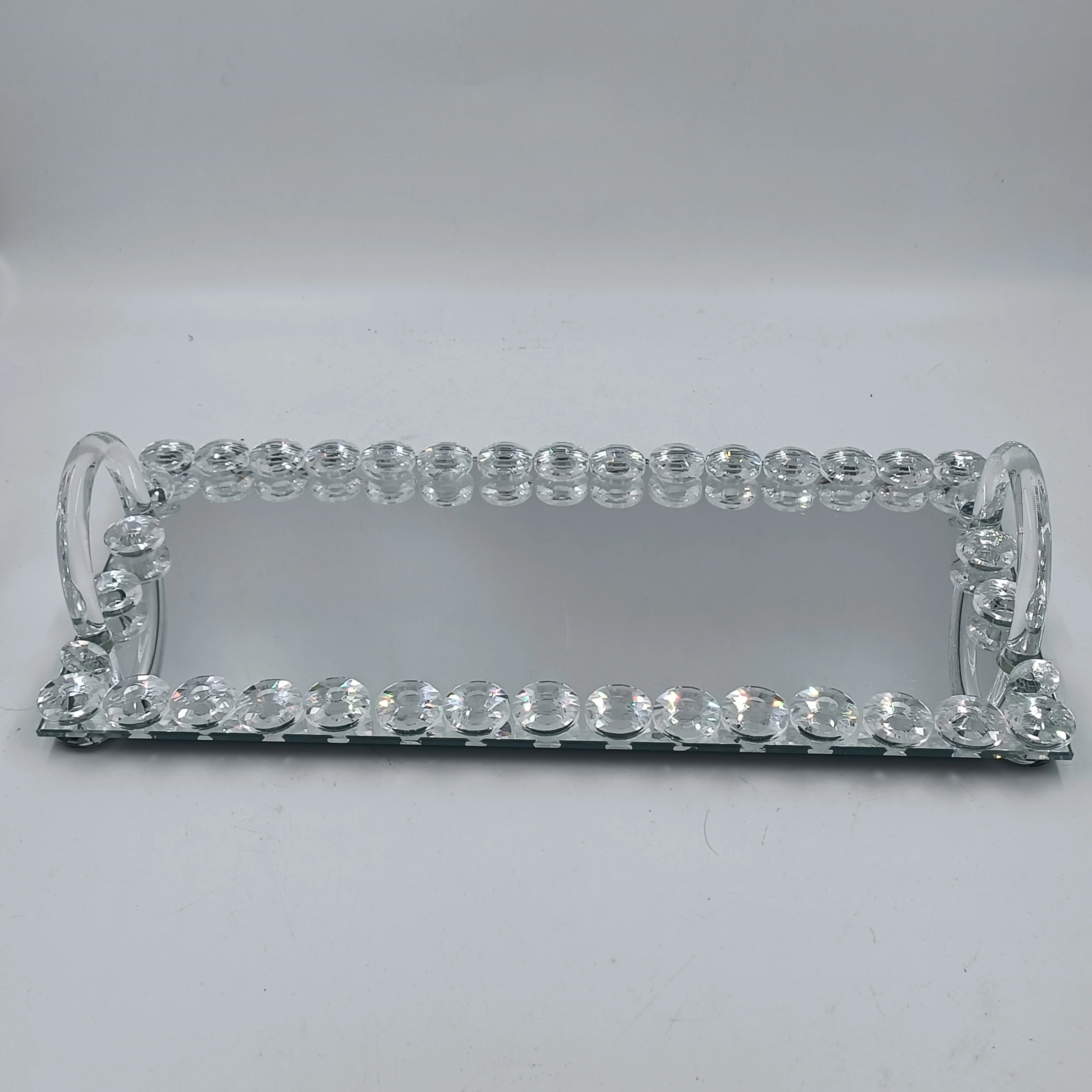 FOSUN glass tray with gold rim big size trays for food sweet cake transparent handle silver dishes display crystal tray