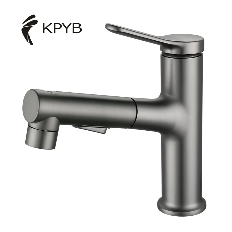 All copper gun gray pull out basin faucet bathroom cold hot mix water multi-function lavatory faucet