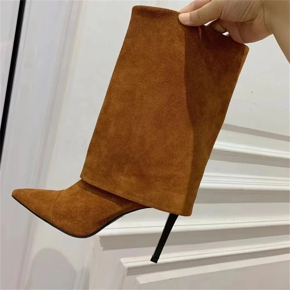 Winter Pointed Toe Slip On Ankle Boots Ladies Turned-Over Edge Suede Short Booties Women Stiletto High Heel Shoes