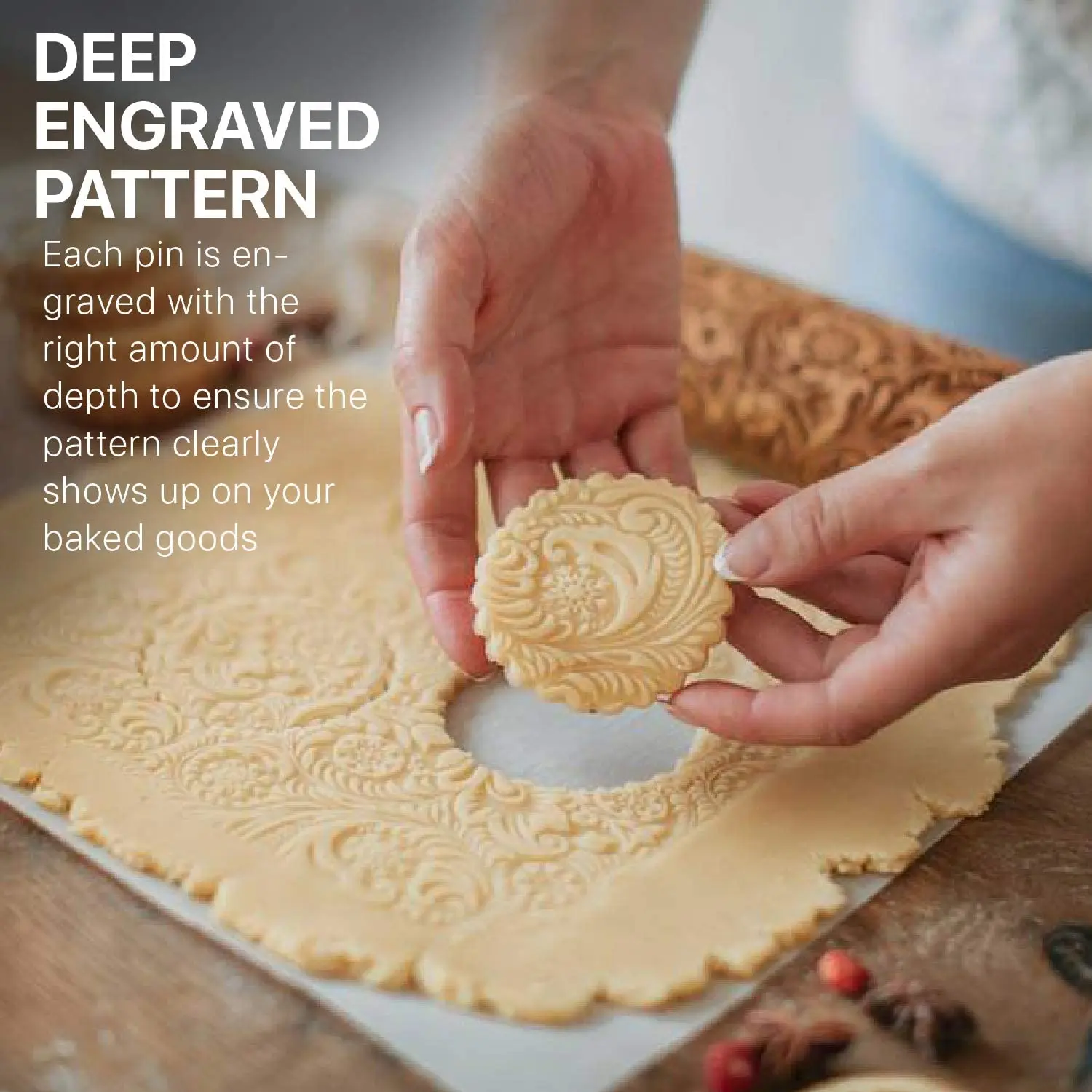 Wooden pastry embossing roller rolling pin with handle classic texture baking tool