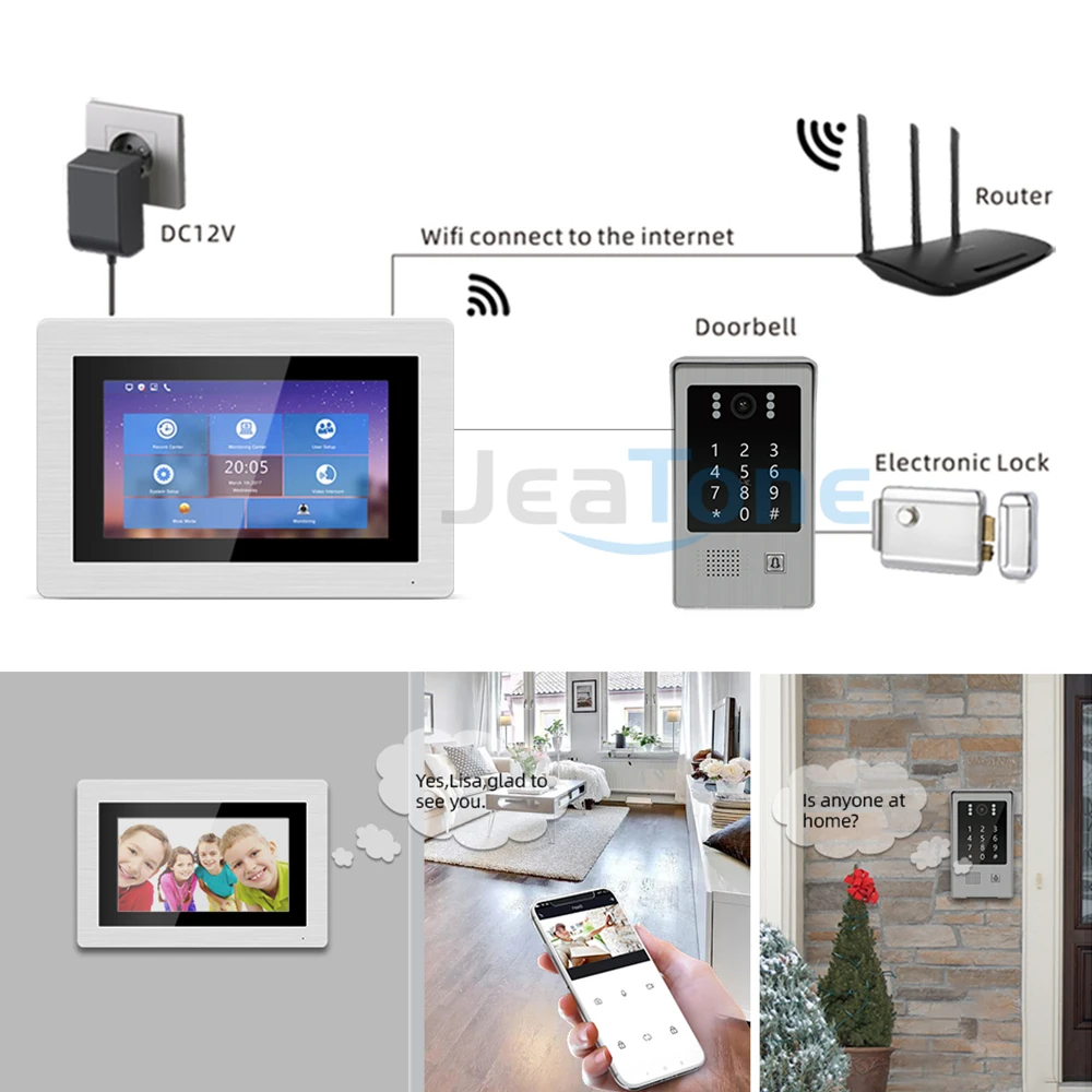 720P WiFi IP Video Door Phone Video Intercom 7' Touch Screen Free App Remote Unlock Code Keypad RFIC Card Access Control System