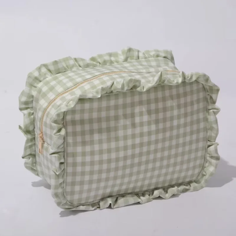 Custom Logo Mult Portable Travel Storage Gingham Plaid Ruffle  Pouch Zipper Cosmetic Accessories Makeup Organizers Make up Bag