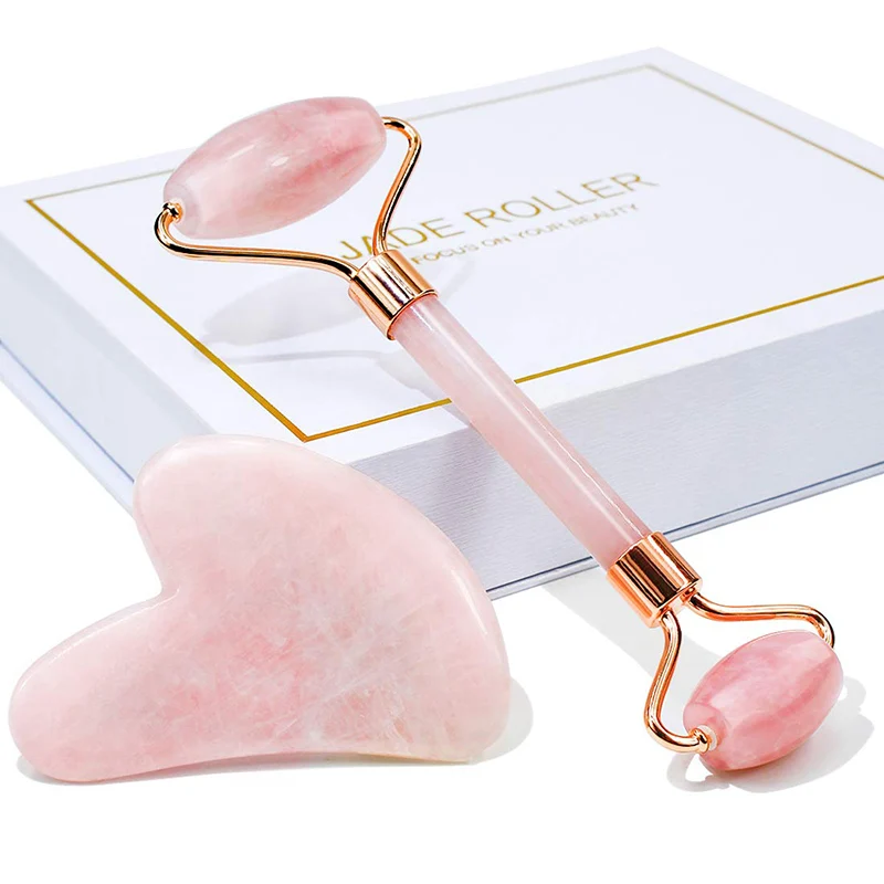 Wholesale Natural Rose Quartz Jade Roller Amethyst Crystal Gua Sha Set Face SPA Guasha Stone Facial Massage Tools