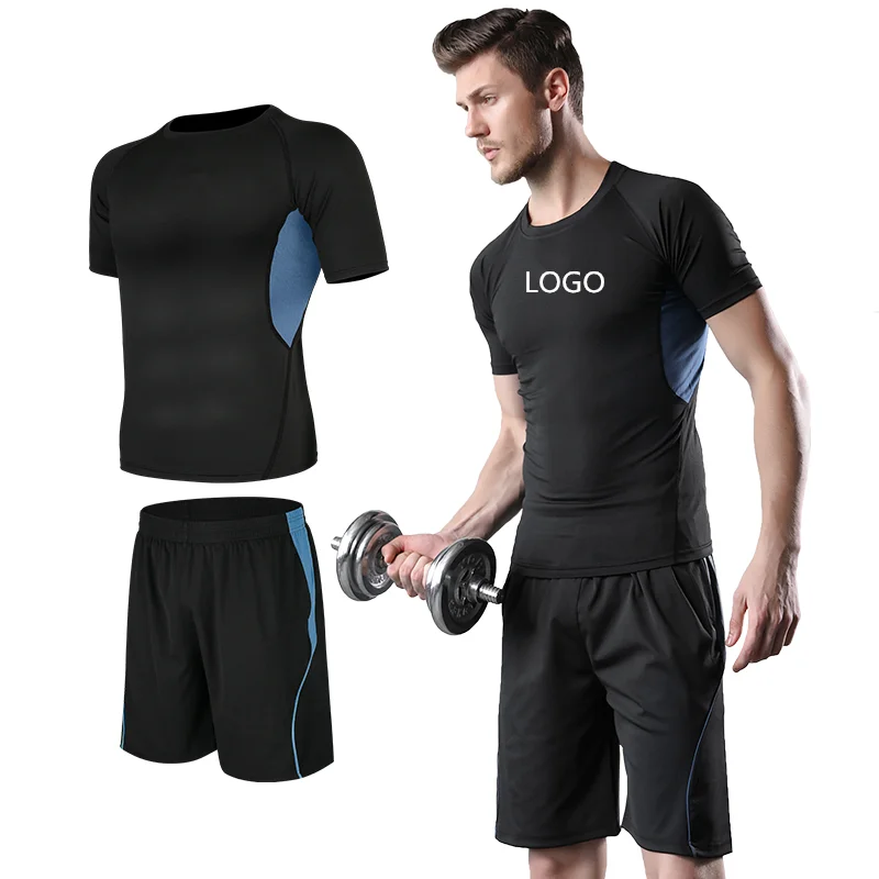 
 Дышащие мужские спортивные костюмы с логотипом на заказ, комплект из двух предметов, быстросохнущие тренировочные шорты для тренажерного зала, мужской спортивный костюм  