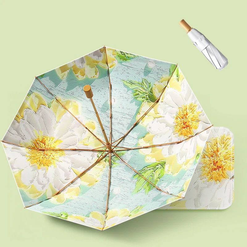 New fashion design printing women silver coating sunshade sun umbrella 8K 3 fold windproof gift uv umbrella with wooden handle