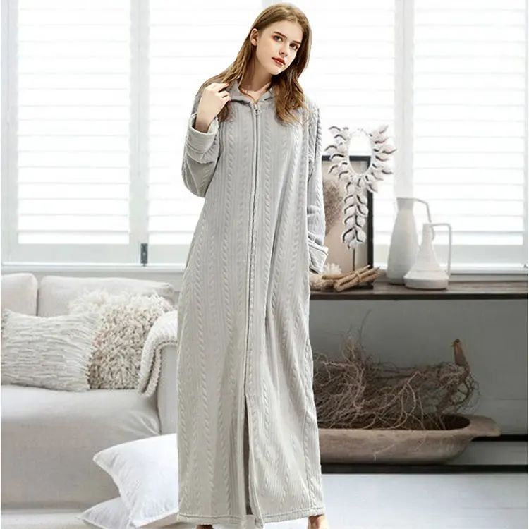 Winter Sleepwear Flannel Long 100% Turkish Cotton Terry Hooded Zipper Girl Bath Robe