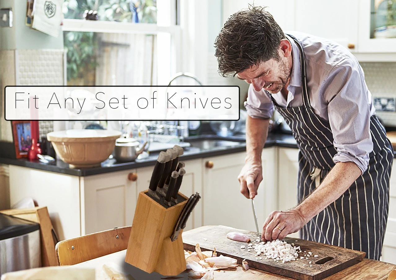 Wholesale Universal Slotless Bamboo Kitchen Plastic Fishing Rod Holder Knife Block With Black Bristles Insert