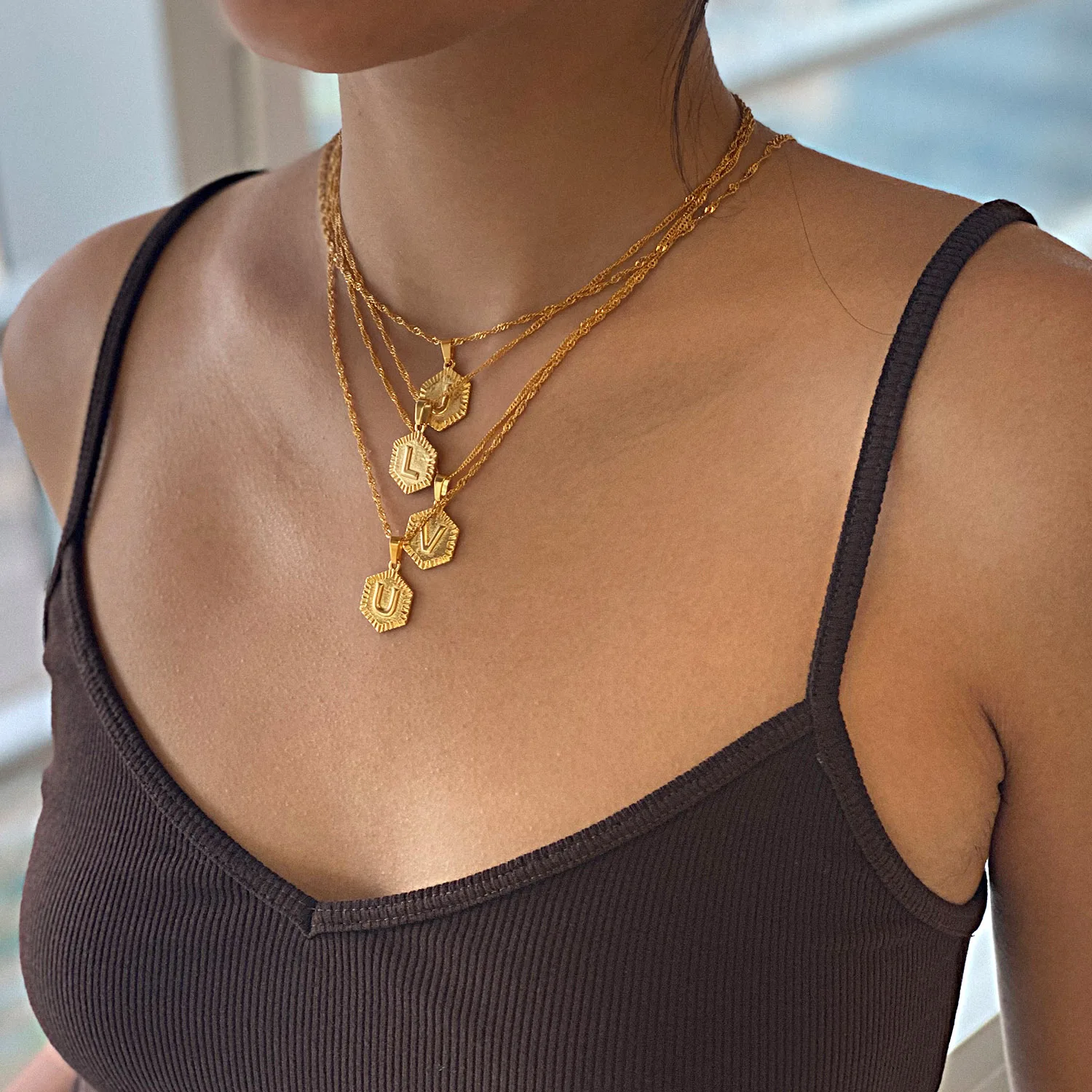 Custom Fashion 18K Gold Plated Necklace Set Pendant Jewelry Hexagon Chain Letter A-Z Initial Stainless Steel Necklaces For Women