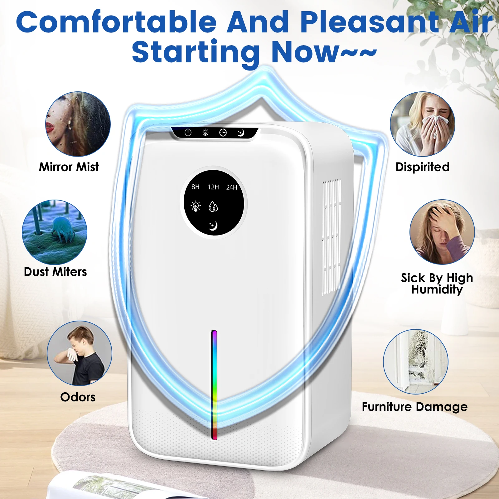 Air Dehumidifier With Continuous Drainage, Sleep Mode, 7 Coloful Light 60W 1000ML/D
