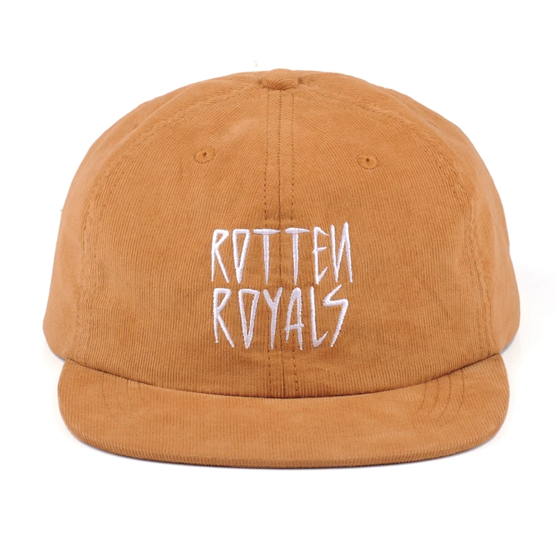 Wholesale customize unisex 2D 3D embroidery logo unstructured corduroy vintage 5 panel snapback hat