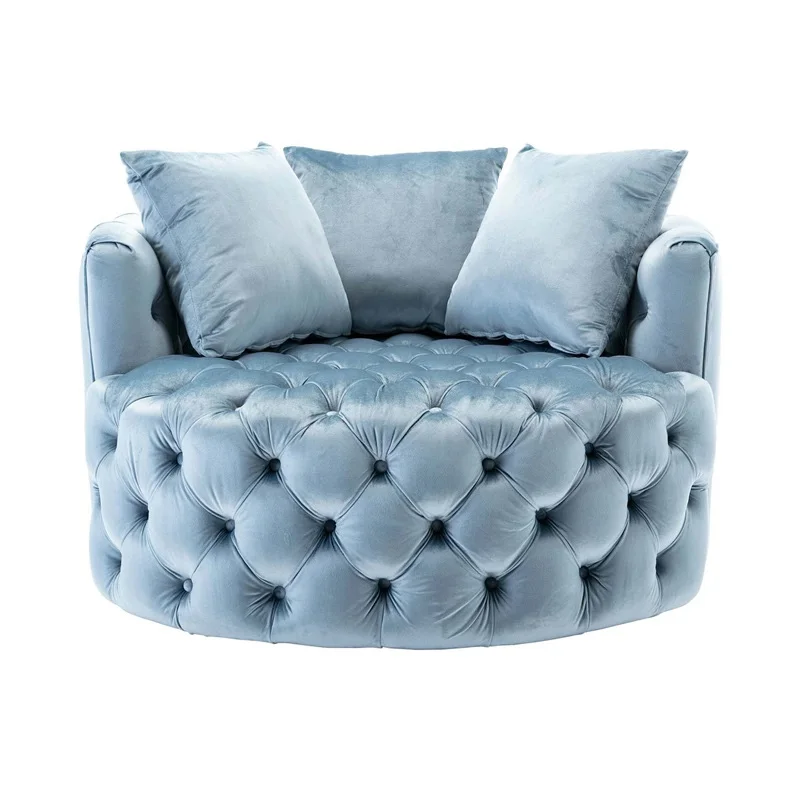 Modern stainless steel wide tufted swivel barrel chair nordic velvet button sofa for living room furniture barrel recliner chair