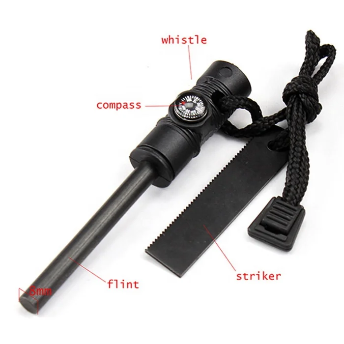 Survival feuerstahl kit flint scraper compass whistle 5-in-1 fire starter for camping hiking