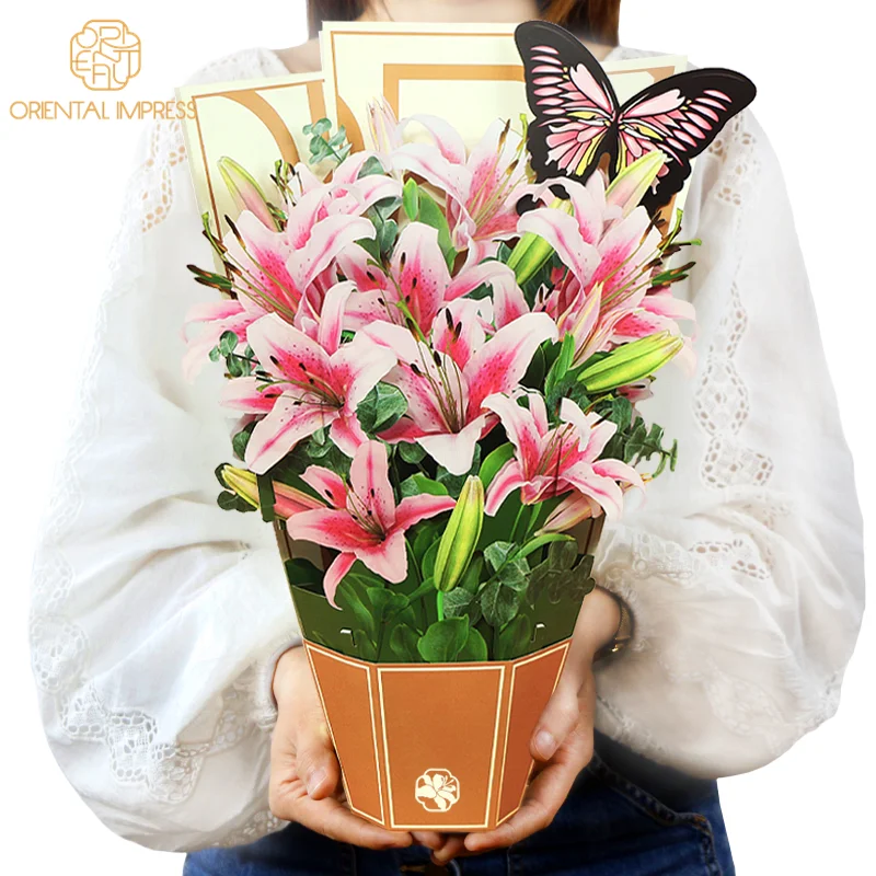 Paper Large Size Pop Up Lily Cards Forever Flower Bouquet with Butterfly Card and Envelope