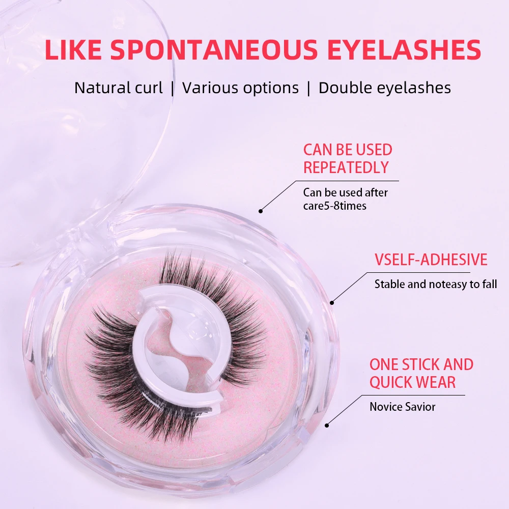 Easy to Wear No Glue Faux Mink Lashes Curly Thick Wispy Eyelash Reusable Glue Free Self Adhesive Lashes