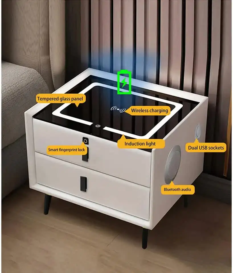 modern smart night stand with LED USB wireless charging fingerprint unlock plug base bedroom bedside table rock play music