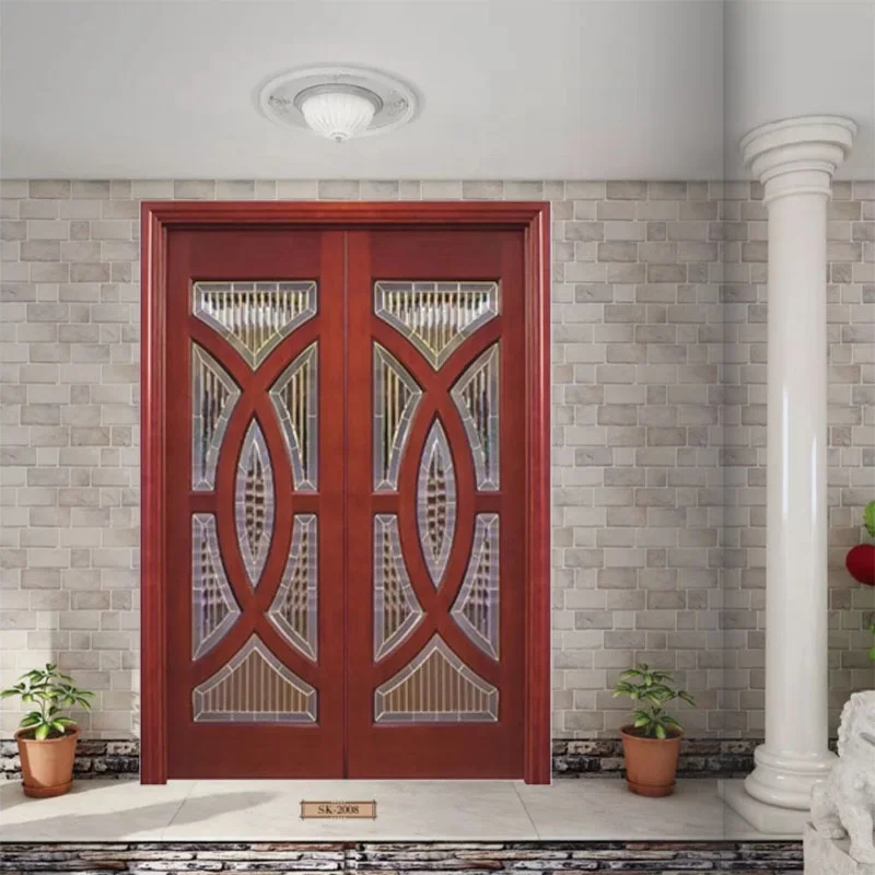 Villa exterior solid wooden door glass design main entrance door