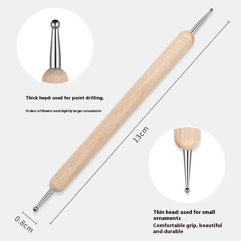 5pcs Double-Ended Nail Art Brush Set Stainless Steel Head & Wooden Handle Dotting Tools for Nail Art