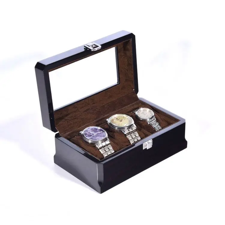 High End Black 3 Slots Display Wooden Watch Packaging Storage Box With Clear Window wood packing box