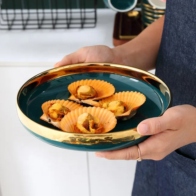 Green ceramic tableware dinnerware set Golden edge  ceramic tableware plate	japan ceramic tableware