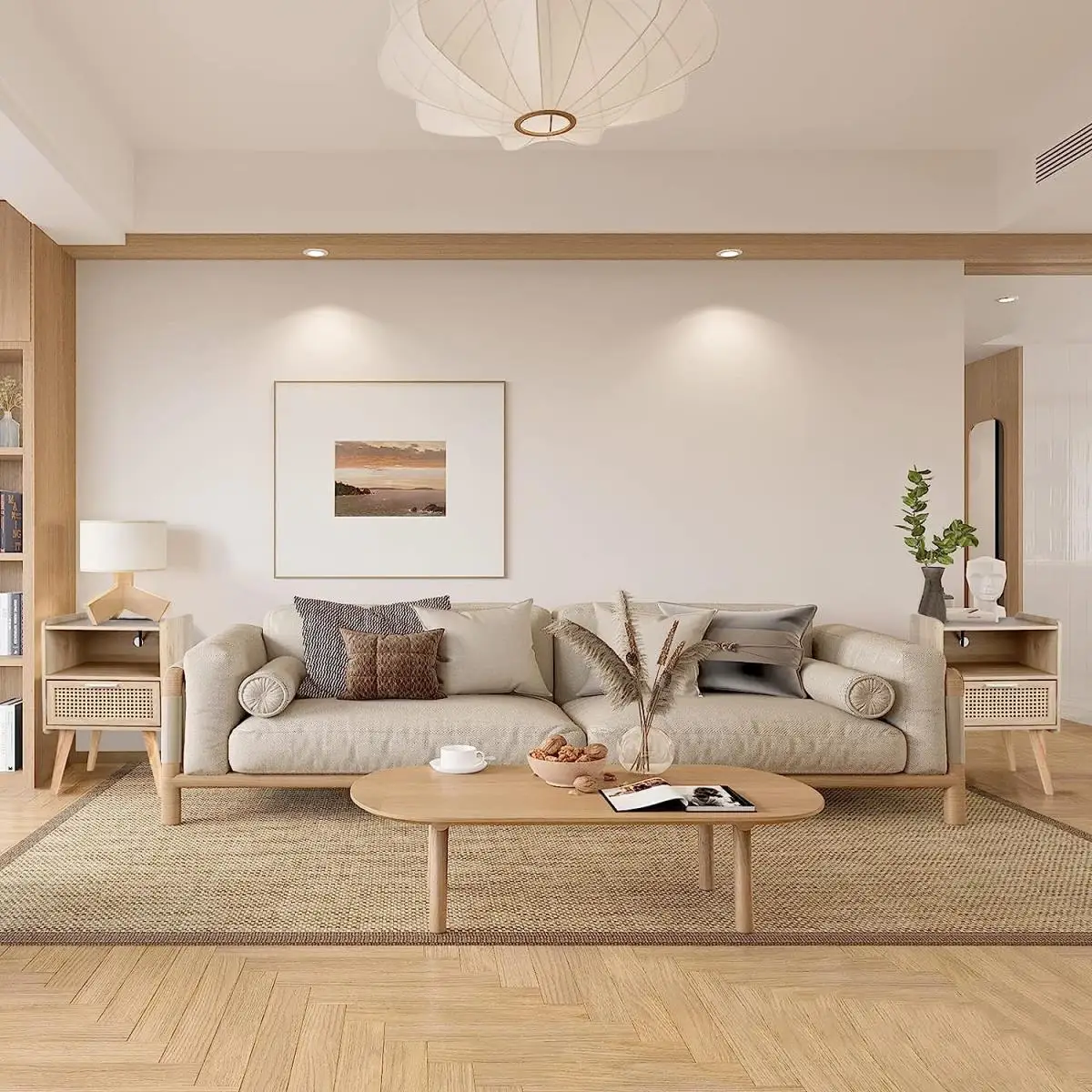 Modern Boho Nightstand Wooden Rattan Side Table with Storage Drawer End Table for Bedroom Furniture